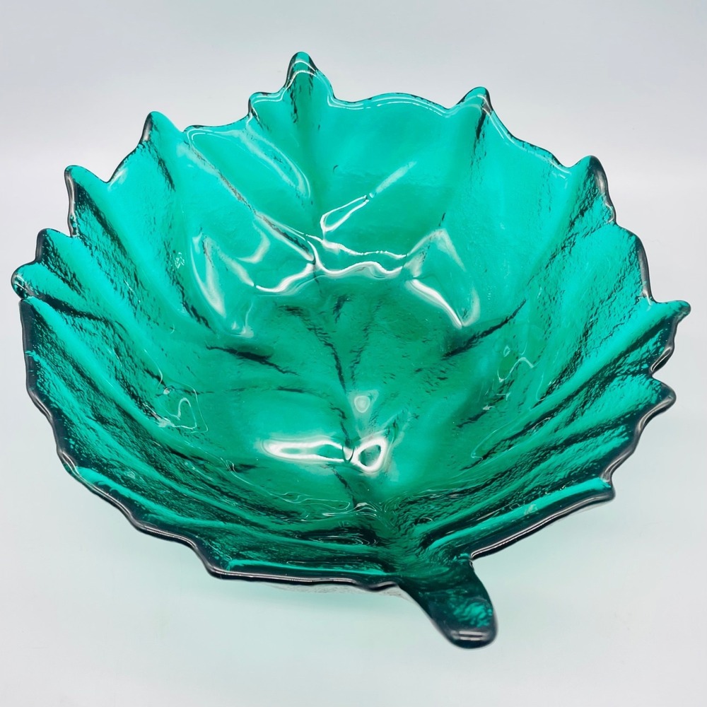 Blenko Art Glass Leaf Bowl Teal Green Textured Mid Century Modern 13" x 11" - Picture 4 of 6